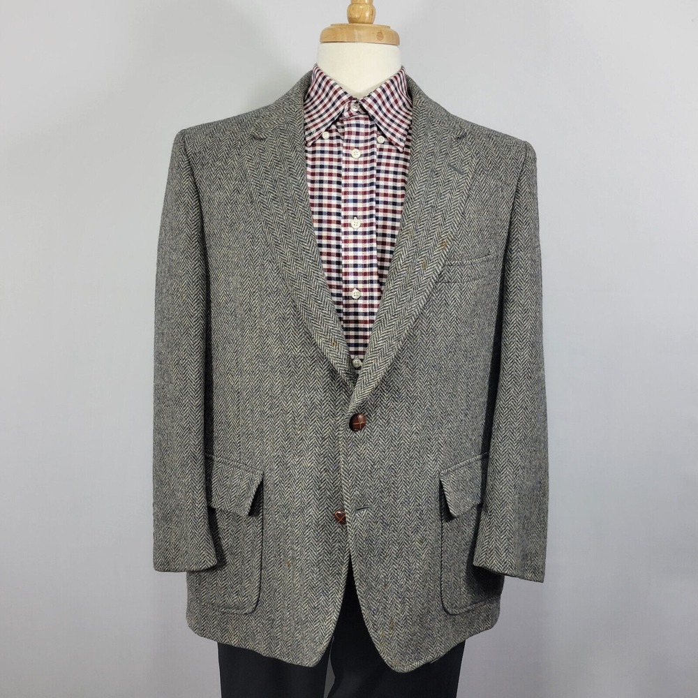 VTG Lands End Charter Collection Men's Tweed Sport Coat‎ Gray Herringbone 44S